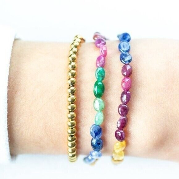 AAA Sapphire Rainbow Beaded Stretch Bracelet Multicolor Ombre Precious Gemstone - Picture 5 of 7